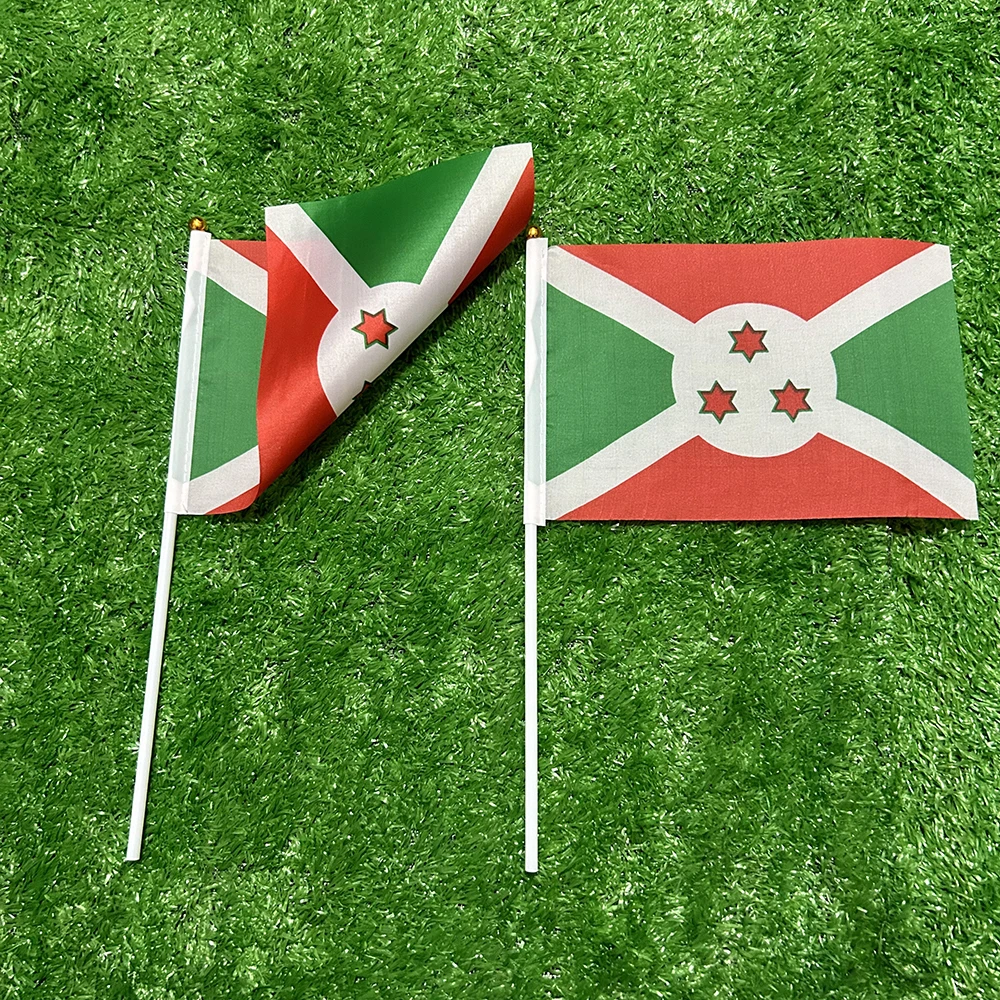 Bandera de la cielo, bandera de mano de Burundi, 10/20/50/100 Uds., 21x14cm, banderas ondeantes de mano de Burundi con poste de plástico para actividades deportivas, decoración del hogar - imagen 5
