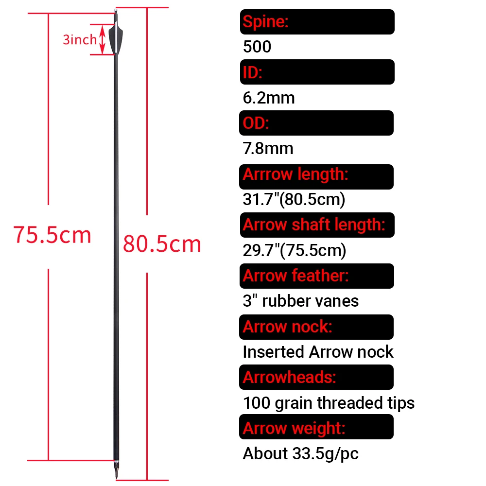 Flecha de carbono SP500 para tiro con arco, 6/12 Uds., 31,7 ", eje de carbono mezclado, pluma de goma de 3 pulgadas, punto de destino de 100 granos, tiro con arco compuesto - imagen 2