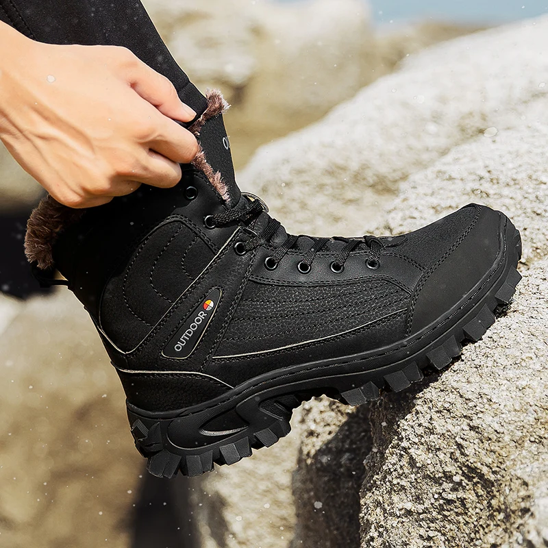 HIKEUP-zapatos de senderismo al aire libre para hombre, botas de nieve militares, de cuero genuino, acolchadas, de alta calidad, cálidas, informales, de algodón - imagen 5