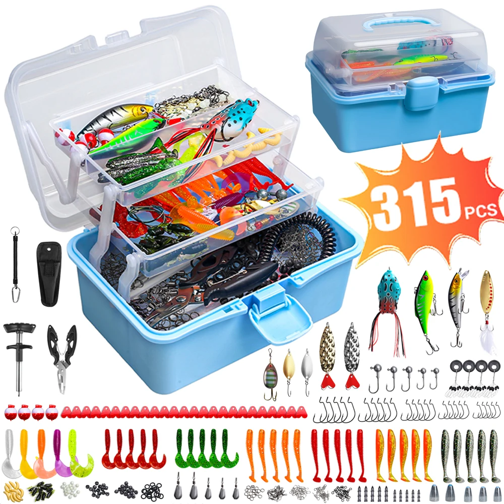 Caja de aparejos de pesca de 3 capas, estuche completo de pesca, Kit de 315 Uds. De Señuelos de Pesca, anzuelos de plantilla de Metal, pesas de plomo, cebos giratorios