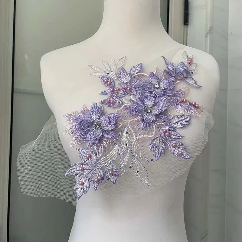 30*21 CM/3d flor con cuentas de cristal bordado de diamantes de imitación coser en parches, apliques de corpiño de encaje de tela suministros de costura DIY para vestido - imagen 3