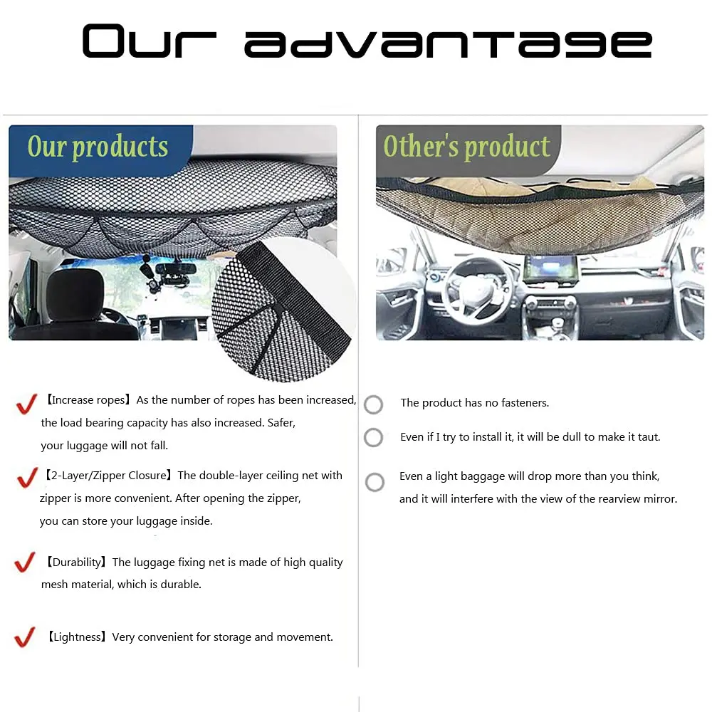 Red de carga para techo de coche, bolsa de malla ajustable de doble capa, organizador de techo para SUV, bolsa de almacenamiento para viaje y Camping, accesorios interiores - imagen 5