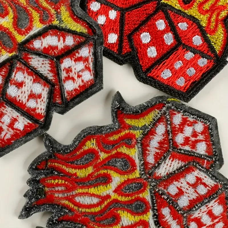 Parche bordado para planchar con patrón de llamas y dados, ropa para niños y niñas, camiseta, bolsa de almohada, suministros de bricolaje, 3 piezas - imagen 4