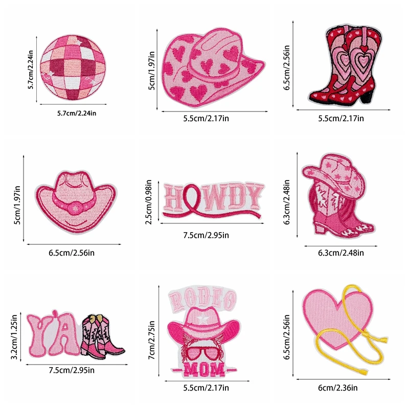 10 unids/lote de parches bordados DIY de vaquero occidental rosa para sombreros, chaquetas, pantalones vaqueros, insignias para coser, parche bordado de dibujos animados rosa - imagen 4