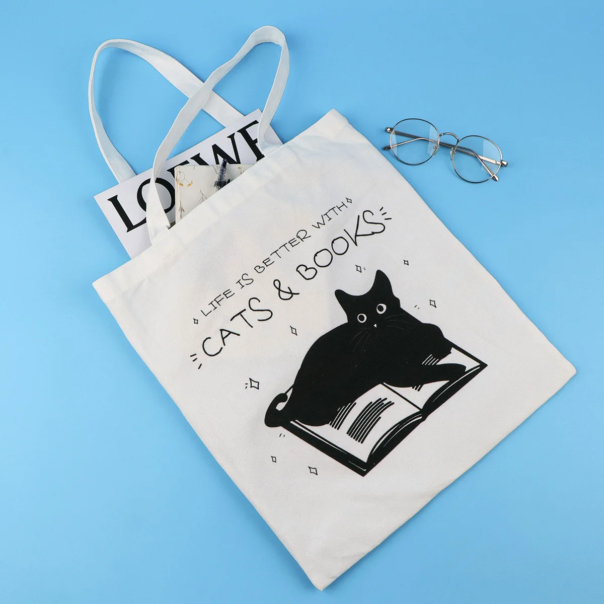 CATS & BOOKS bolso de lona gato negro vintage para libros