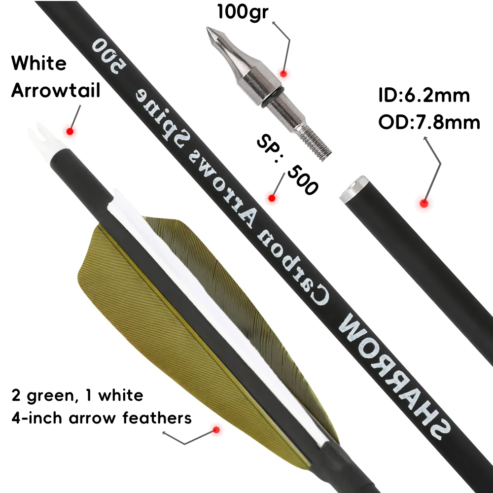 12 Uds Spine500 tiro con arco flecha de carbono 30 "para arco tiro al aire libre práctica de objetivo caza 100 puntos de flecha roscados de grano - imagen 3