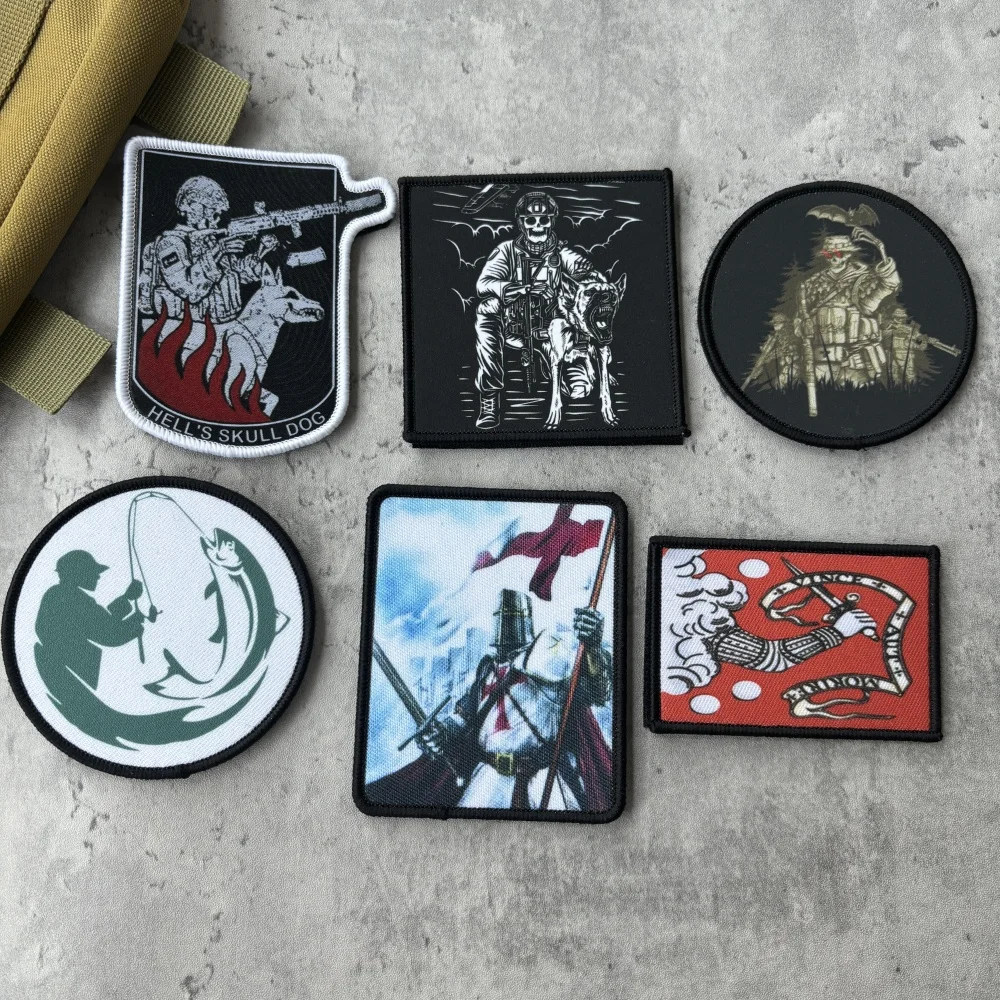 Parche táctico de moral de soldado esqueleto, espada de la justicia, parche de gancho y bucle impreso, insignia militar, brazalete, pegatinas para mochila Chevron