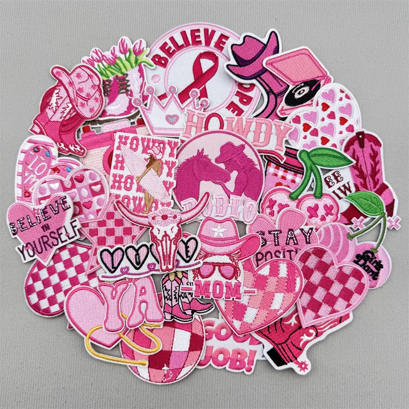 30 unids/lote de parches bordados de cereza de dibujos animados para ropa, parche con letras de corazón rosa, parches para planchar en ropa, apliques adhesivos - imagen 2