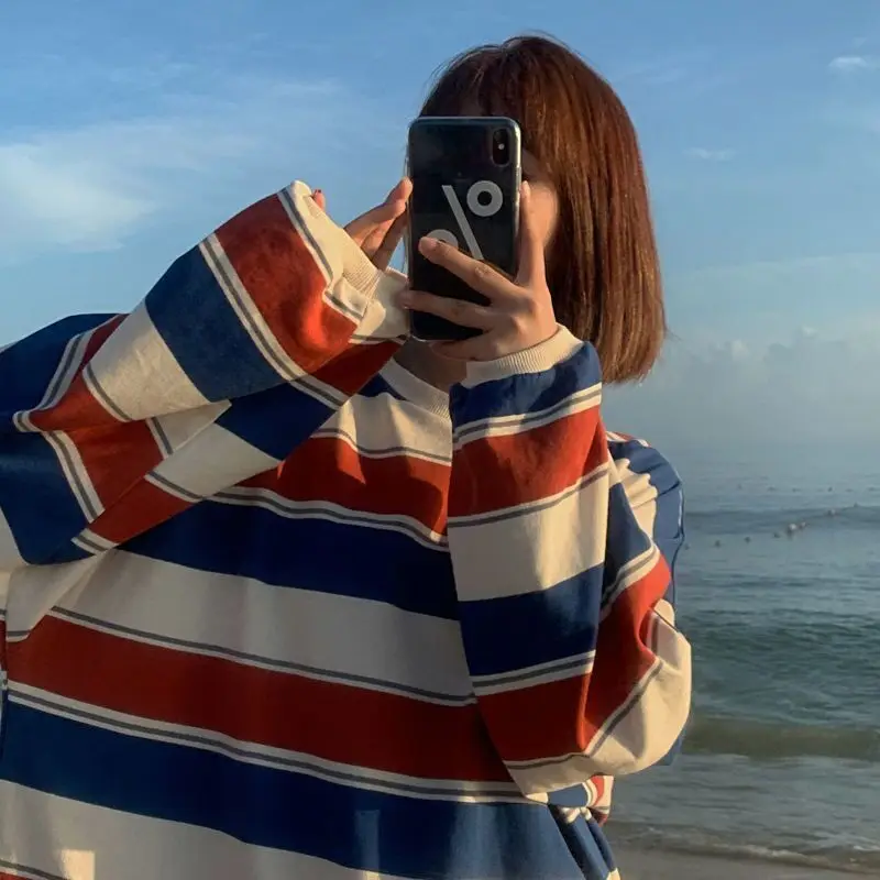 Camiseta a rayas de gran tamaño para Mujer, jerséis casuales de manga larga, Ropa de calle suelta, Tops básicos para Mujer, primavera y otoño - imagen 3