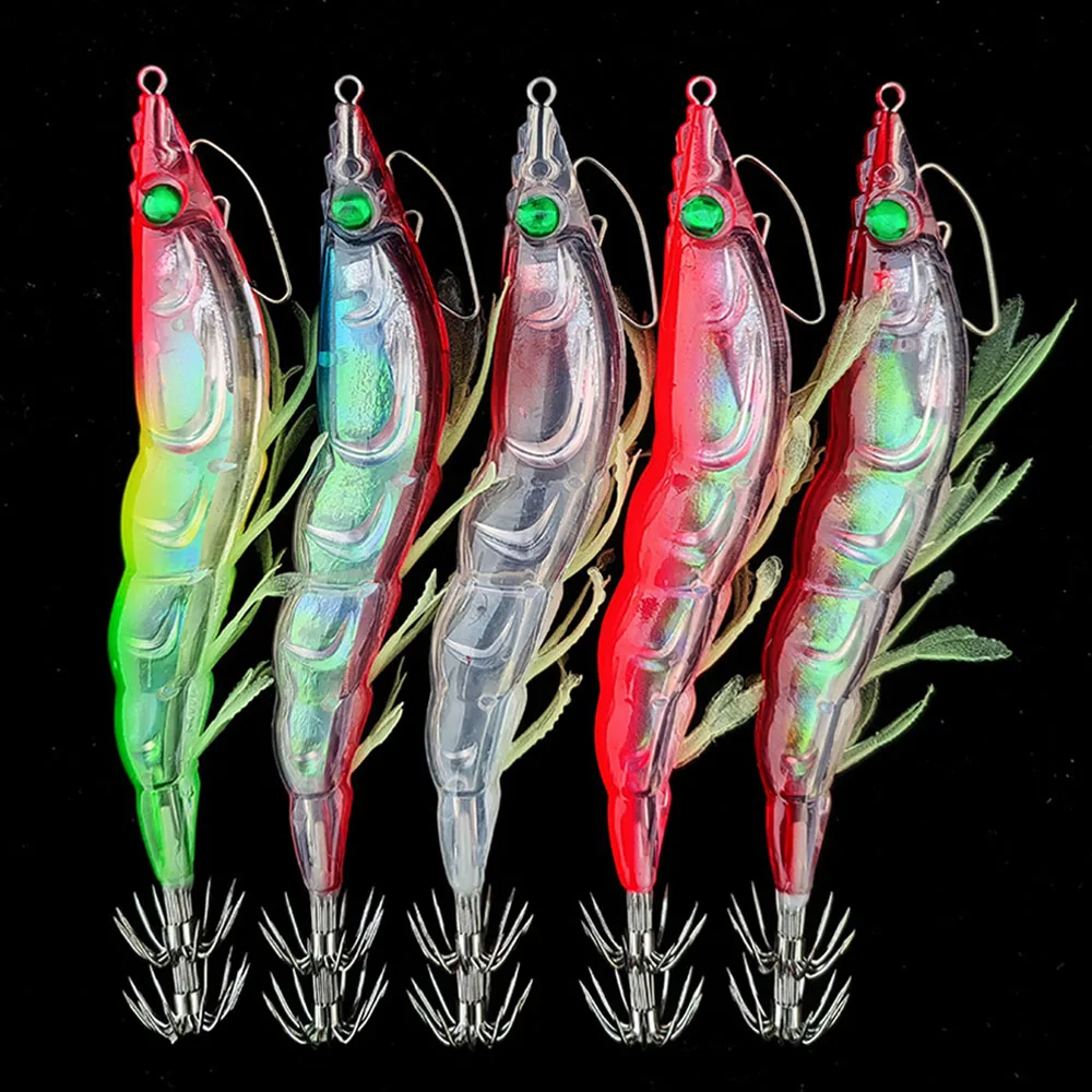 Señuelo de calamar y camarones, plantillas, cebo de pesca, anzuelo de cebo de madera para camarones, anzuelos luminosos de calamar, anzuelo de calamar Artificial, plantilla de calamar
