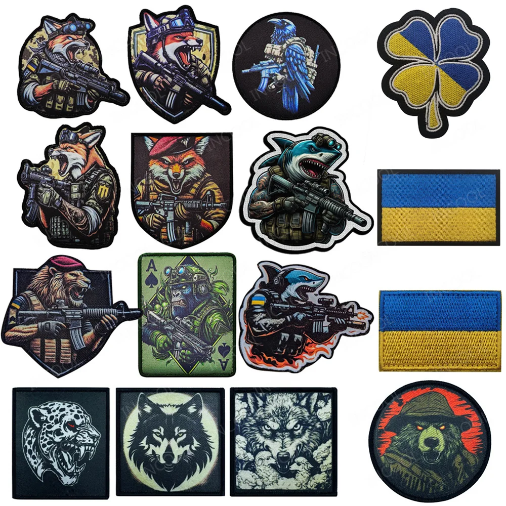 Banderas de Ucrania, animales tácticos, pistolas, oso, zorro, Tigre, Lobo, tiburón, parches estampados, gorila, águila, cuervo, decoración de mochila, insignias DIY