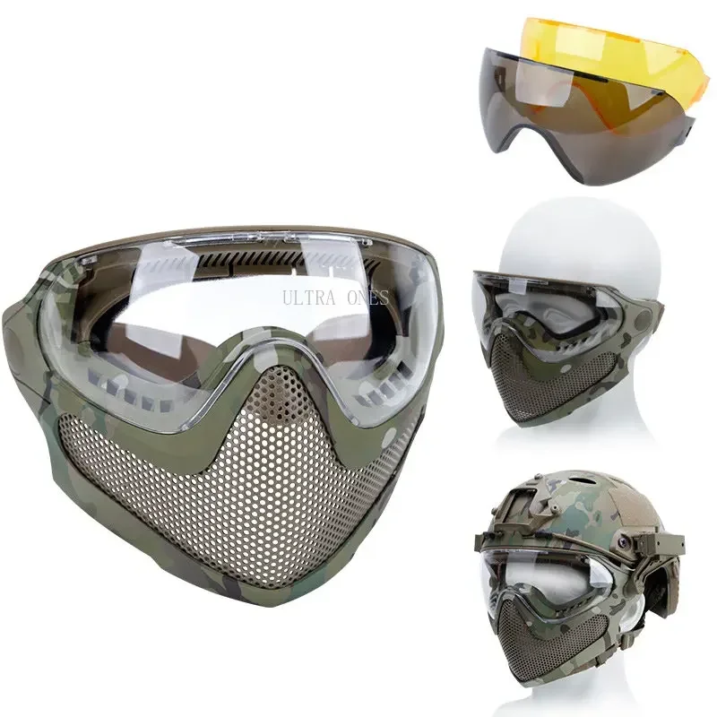 Mascarilla facial completa Airsoft con 3 lentes, mascarilla protectora de malla de acero para combate táctico, Paintball, caza, tiro CS, juego de guerra - imagen 3