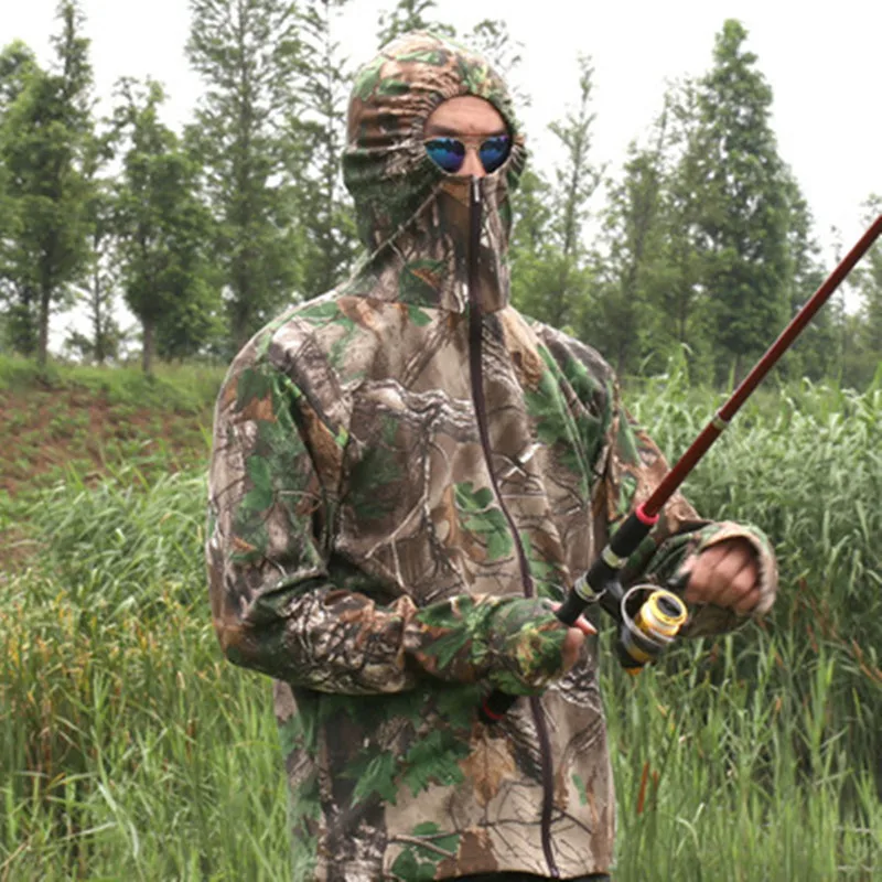 Ropa de pesca con cremallera frontal ajustada a prueba de sol para hombre, chaqueta con capucha transpirable de algodón, chaqueta de caza de camuflaje biónico, verano - imagen 4