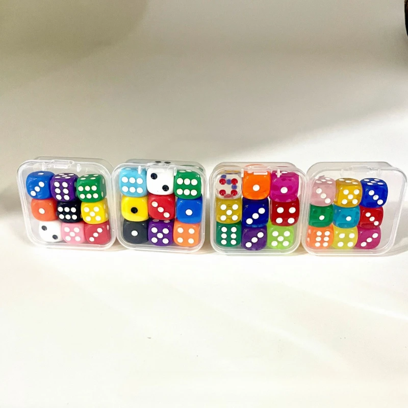 9 piezas de dados de colores transparentes con caja, dados de 6 caras para juegos de mesa, 14mm, 16mm, a granel para aprendizaje de matemáticas, dados para aula - imagen 5