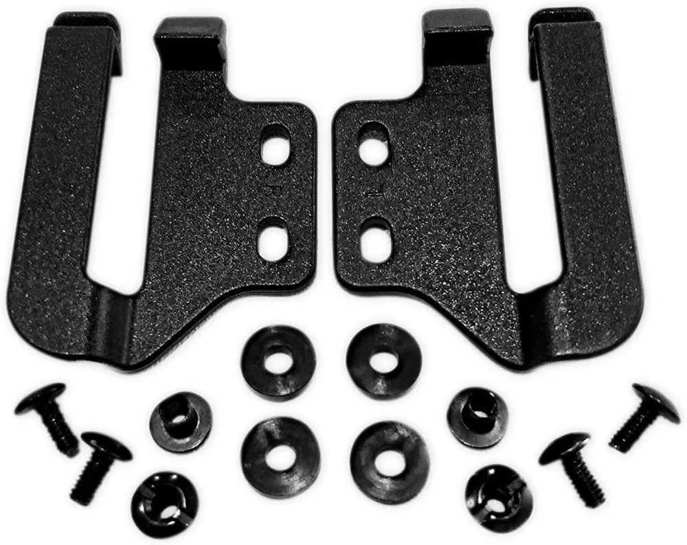 Un soporte de plástico negro con tornillos y arandelas