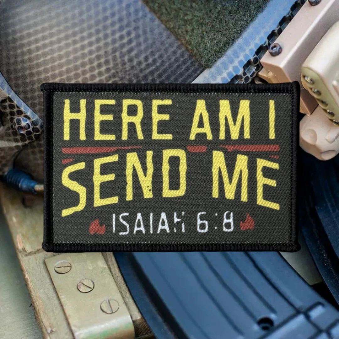 Aquí estoy envíame Isaiah 6:8 versículo de la Biblia insignia de moral táctica mochila militar pegatina parches de bucle de gancho impresos para ropa - imagen 4
