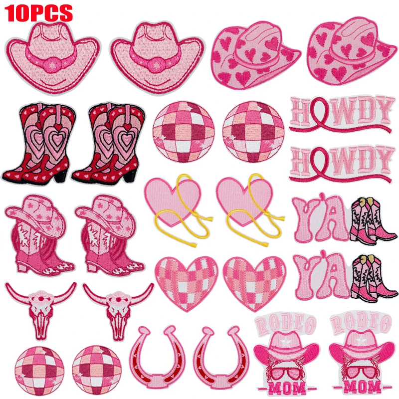 10 unids/lote de parches bordados DIY de vaquero occidental rosa para sombreros, chaquetas, pantalones vaqueros, insignias para coser, parche bordado de dibujos animados rosa - imagen 2