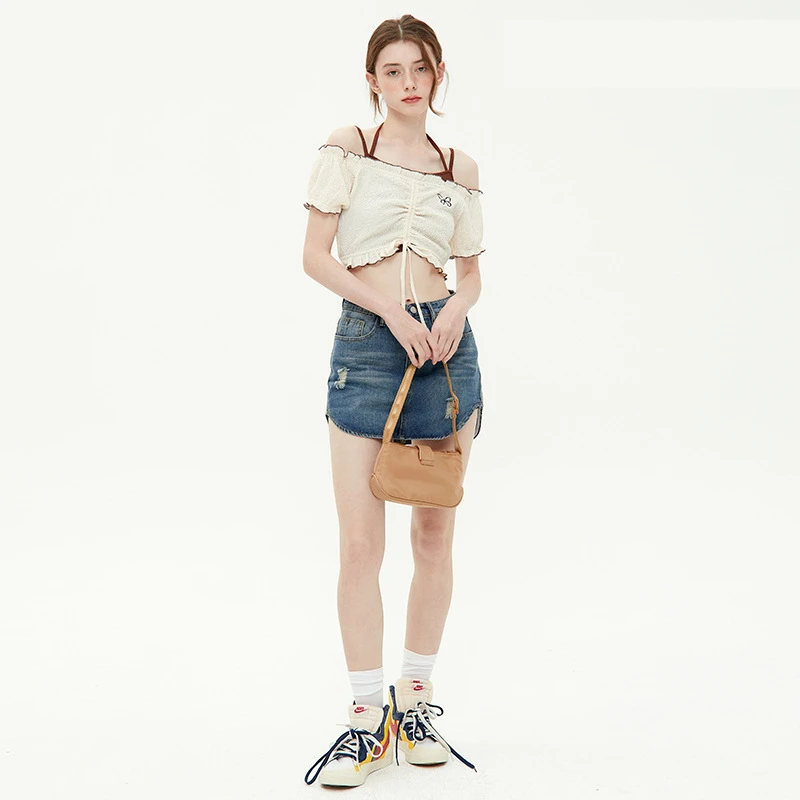 Camisetas sin mangas con hombros descubiertos para mujer, camiseta informal de dos piezas para mujer, Tops cortos sexys de manga corta con volantes - imagen 3