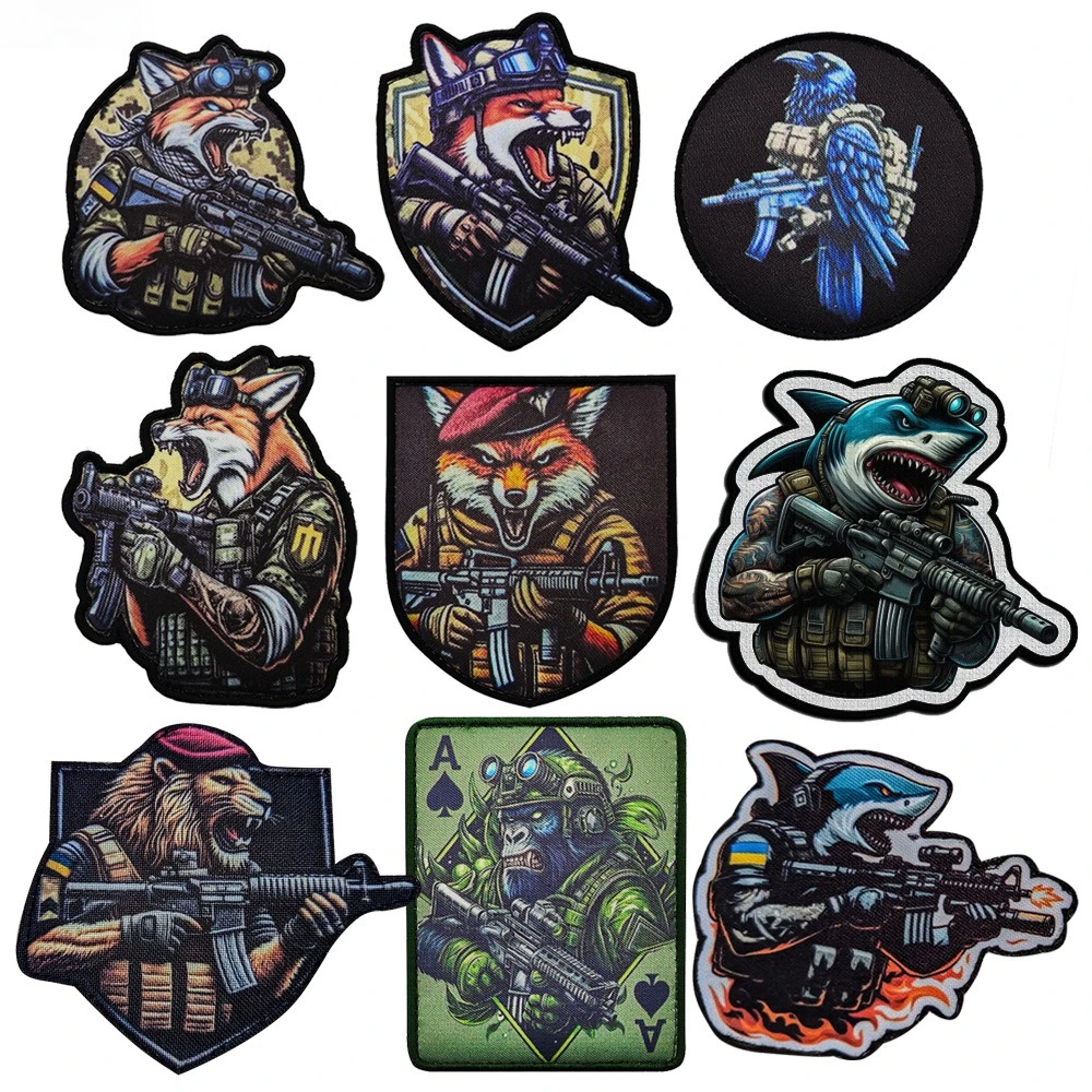 Animal military badges, fox, eagle, elephant, lion, shark printed magic patch cloth patches outdoor morale badge Hook & Loop