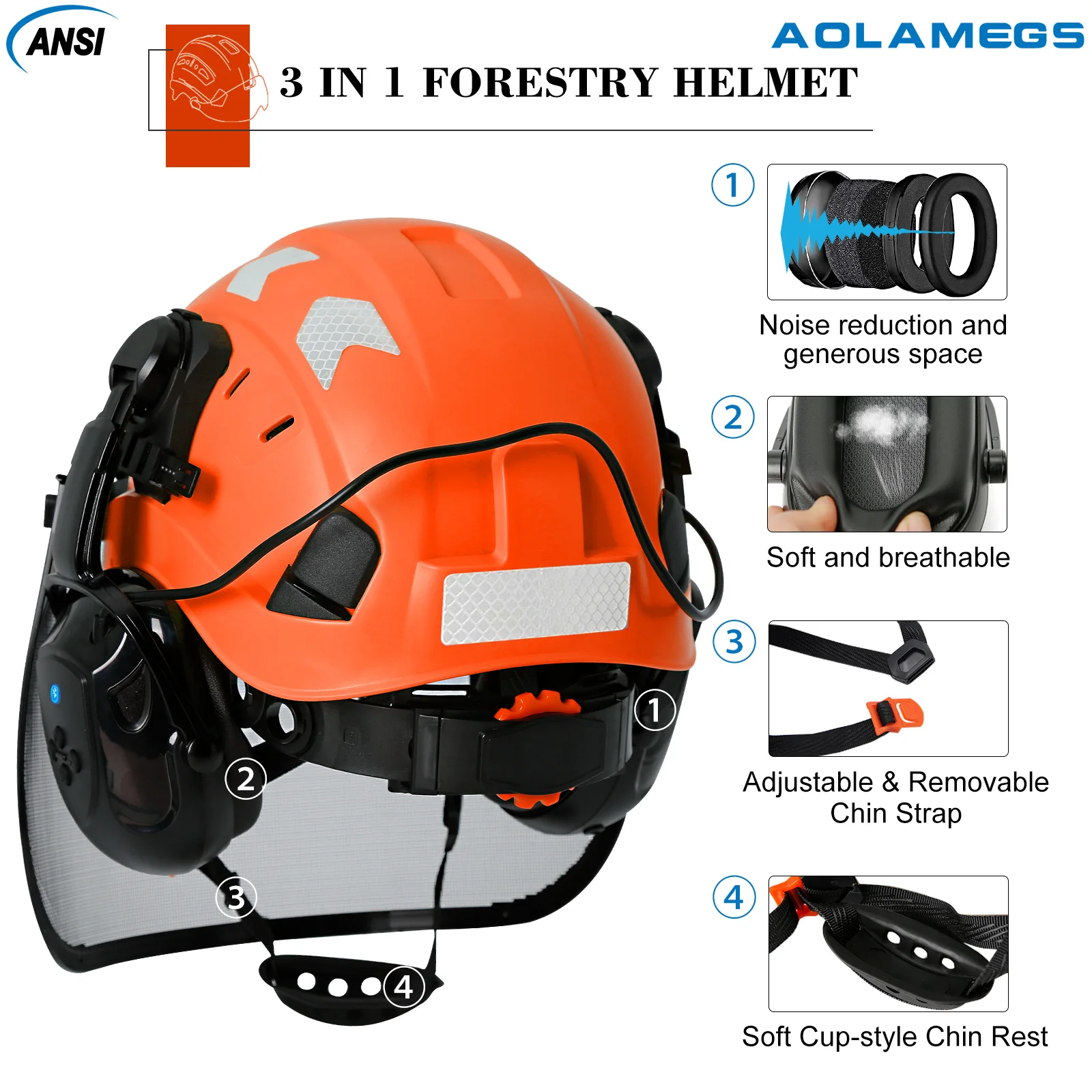 Cascos de seguridad forestales CE con Bluetooth 5,0, gafas integradas, orejeras, protección facial de malla, registro, ABS, motosierra, casco duro, gorro de trabajo - imagen 4