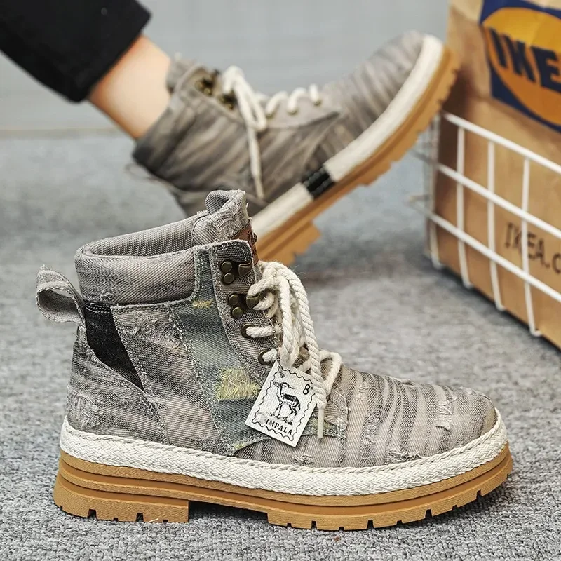 Botines de lona de mezclilla para hombre, botas clásicas de marca de lujo, zapatos casuales de alta calidad, botas de motocicleta al aire libre, primavera y otoño - imagen 3