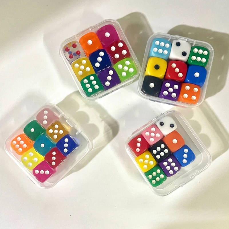9 piezas de dados de colores transparentes con caja, dados de 6 caras para juegos de mesa, 14mm, 16mm, a granel para aprendizaje de matemáticas, dados para aula - imagen 3