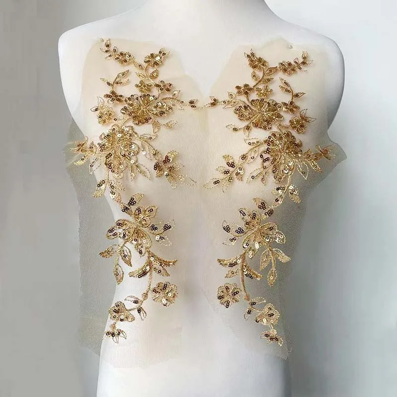1 par/33*13,5 CM flor dorada brillo Apliques de encaje tubo bordado de lentejuelas con cuentas, apliques de corpiño parche de costura para decoración de vestido - imagen 5