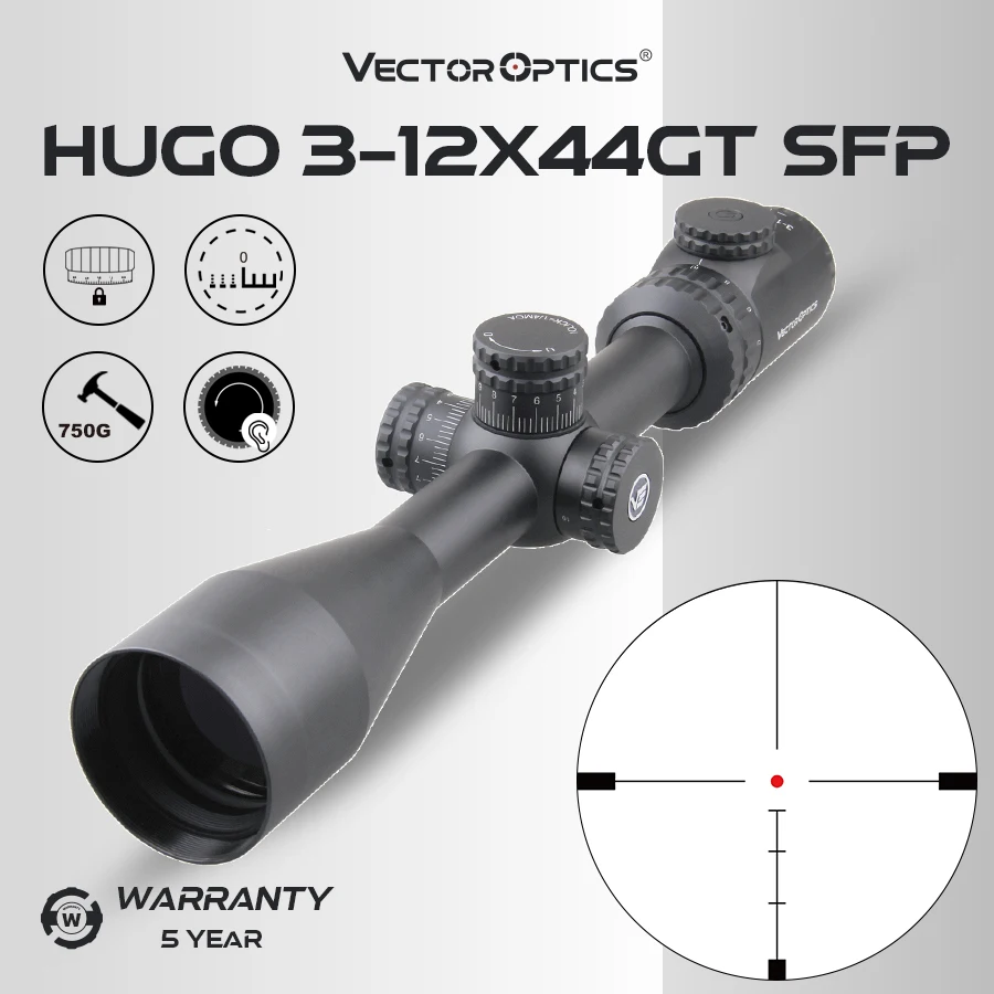 Vector Optics 3-12X44 SFP Rifle Scope 1/4 Moa, iluminación roja, alivio ocular largo, torretas de reinicio cero, caza