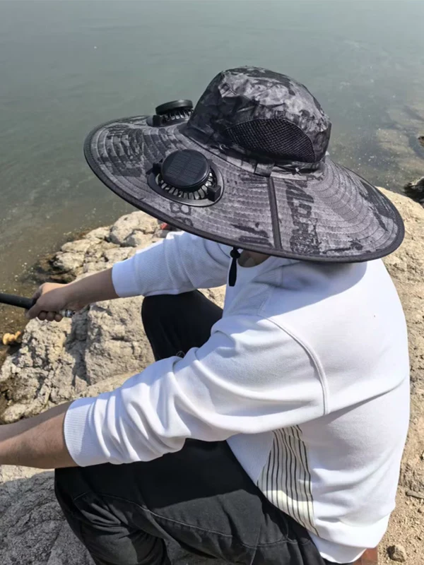 Sombrero protector solar al aire libre de camuflaje con ventiladores con energía solar |   Sombreros de protección UV para unisex, sombrero de sombrilla, sombreros de pescador