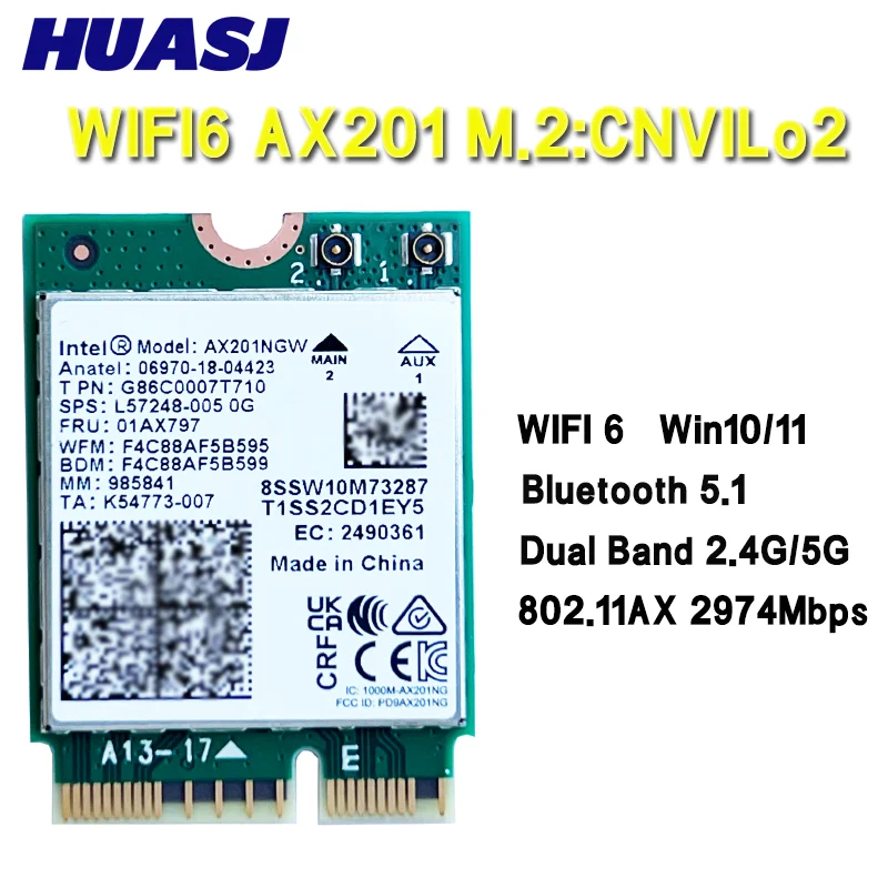 Wi-Fi inalámbrico de doble banda de 2400Mbps 6 Intel AX201 para Bluetooth 5,0 NGFF Key E CNVio 2 tarjeta Wifi AX201NGW 2,4 Ghz/5Ghz 802.11ac/ax