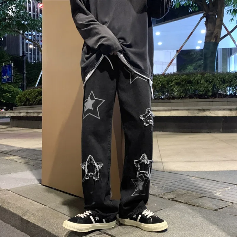 Pantalones vaqueros de pierna ancha para hombre, pantalón informal con bordado de estrellas, recto, holgado, estilo Hip Hop, ropa de calle Vintage - imagen 4