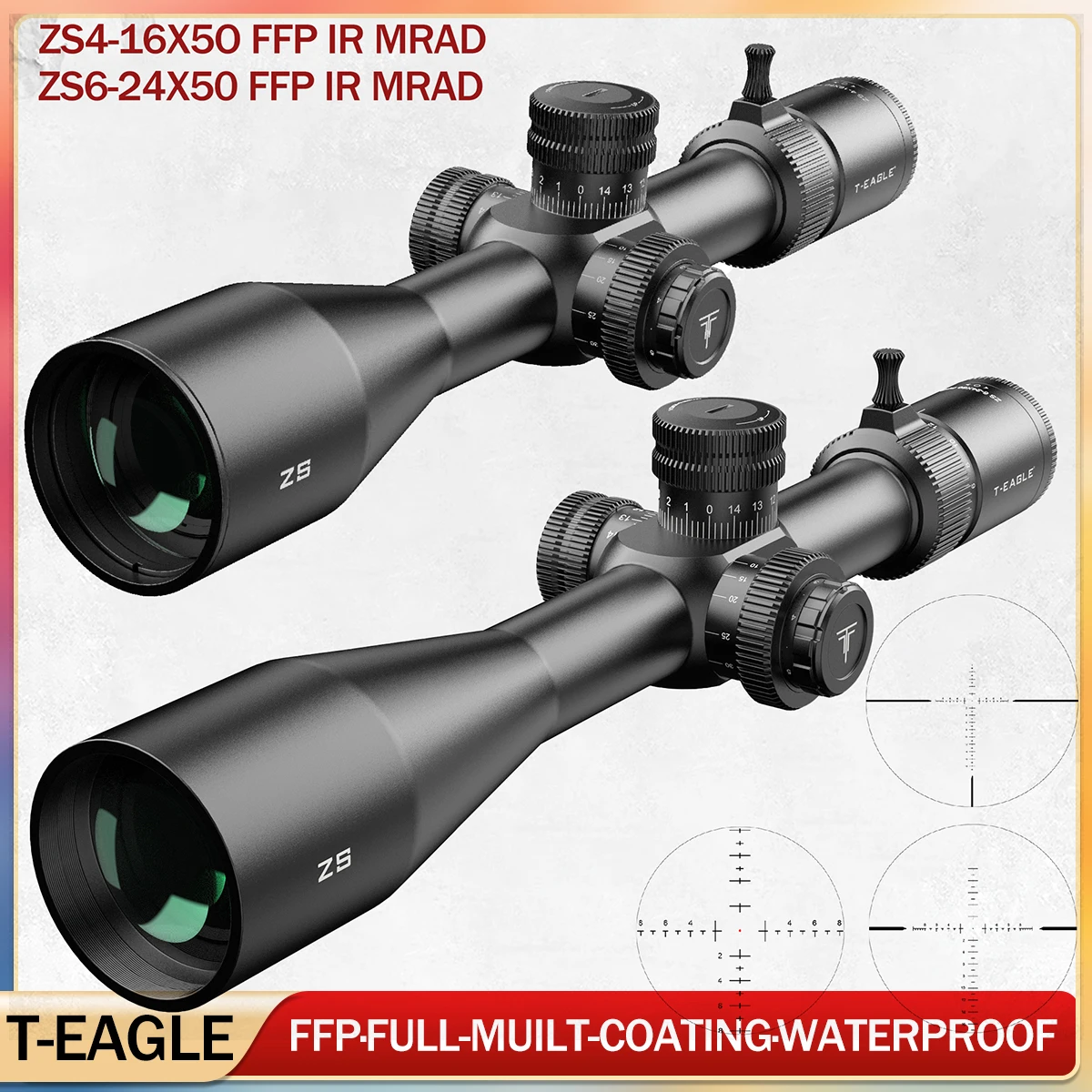 Mira telescópica táctica 4-16x50FFP/6-24X50FFP, primer plano focal, óptica, mira telescópica para Rifle de caza con luz roja