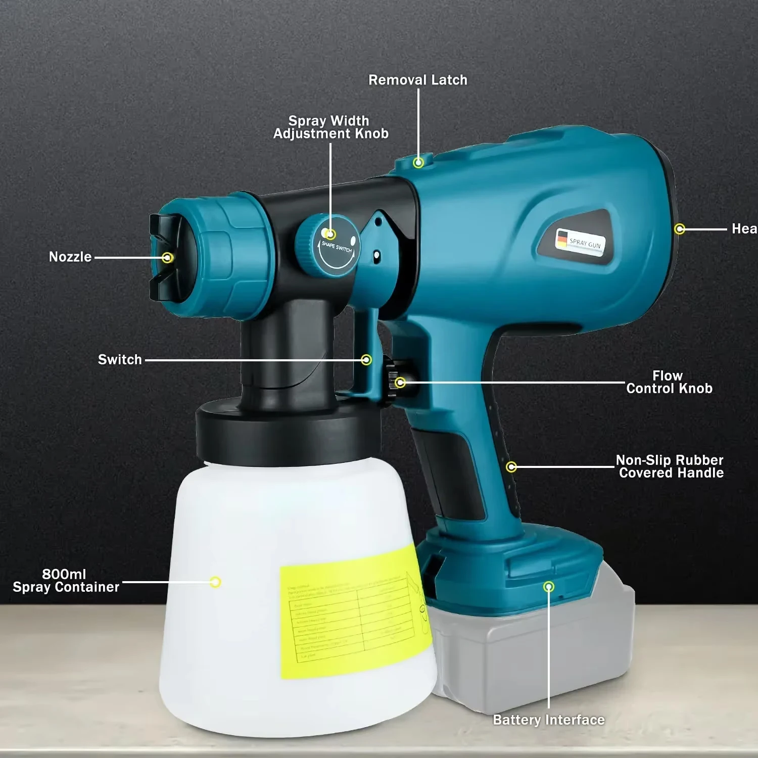 Pistola pulverizadora eléctrica inalámbrica con 3 patrones de pulverización para batería Makita de 18V, pulverizador de pintura eléctrico de alta potencia de 800ML, lo más nuevo - imagen 4