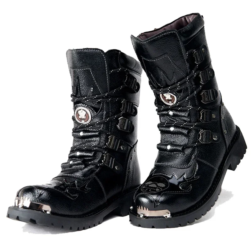 Botas de moto para hombre, zapatos de media pantorrilla, Punk, Rock, Punk, cuero genuino, negro, alta calidad, informales, de invierno, nueva moda, 38-46 - imagen 3