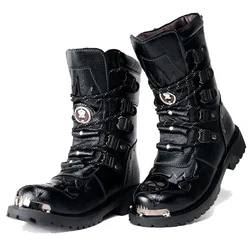 Botas invierno motociclista hombre – Cuero negro media pantorrilla tácticas