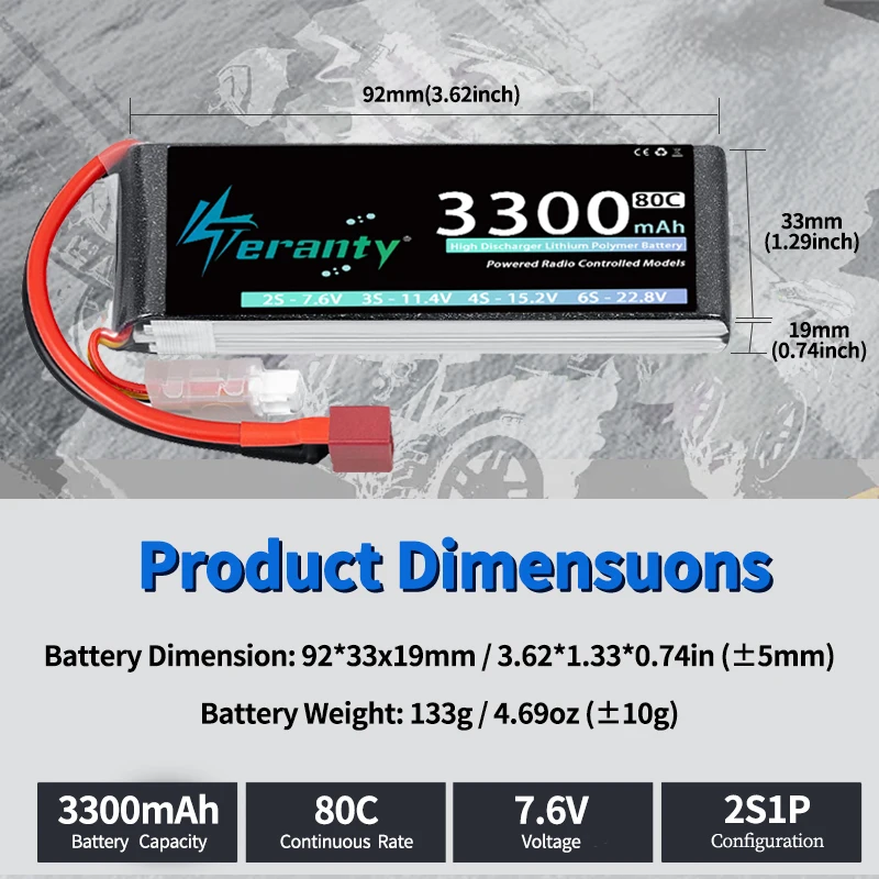 2 uds TERANTY 2S 7,4 V 7,6 V 3300mAh batería Lipo 60C 80C con enchufe T XT60 para camiones RC barco FPV Drone helicóptero piezas de avión - imagen 5