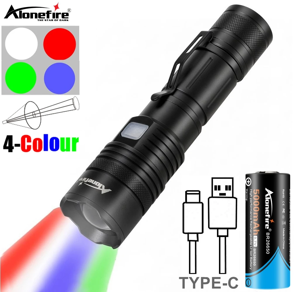 Zoom luz de 4 colores blanco/rojo/verde/azul linterna LED USB recargable pesca Camping caza fotografía Selfie senderismo antorcha