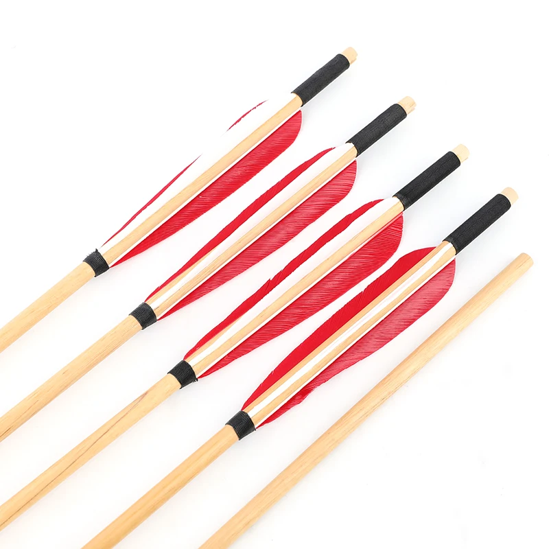 6/12 Uds flechas de madera tiro con arco 80cm madera blanca OD 8mm eje de flecha 5 pulgadas pluma de pavo para tiro de caza con arco largo tradicional - imagen 3