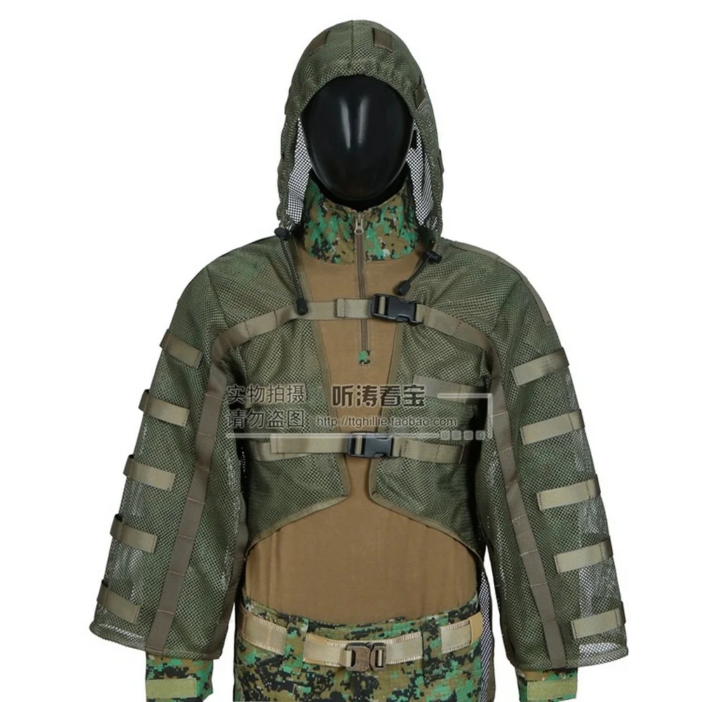 Traje táctico Ghillie de nailon, camuflaje, caza al aire libre, Airsoft, Paintball, bolsillo trasero para vejiga de hidratación de 3L, capucha extraíble - imagen 2