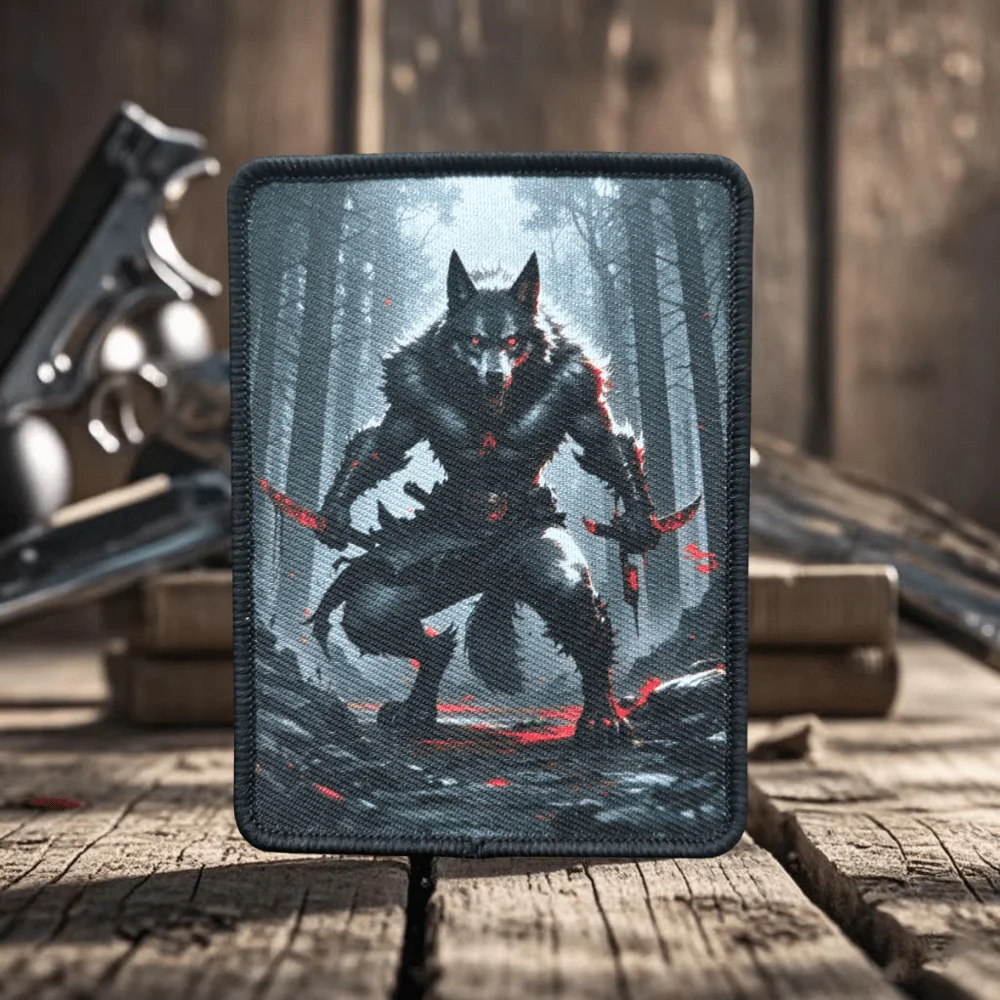 Emblema de gancho y bucle con estampado de lobo de doble filo, parche táctico de moral de lobo de sangría, insignia militar, brazalete de combate, pegatinas para mochila