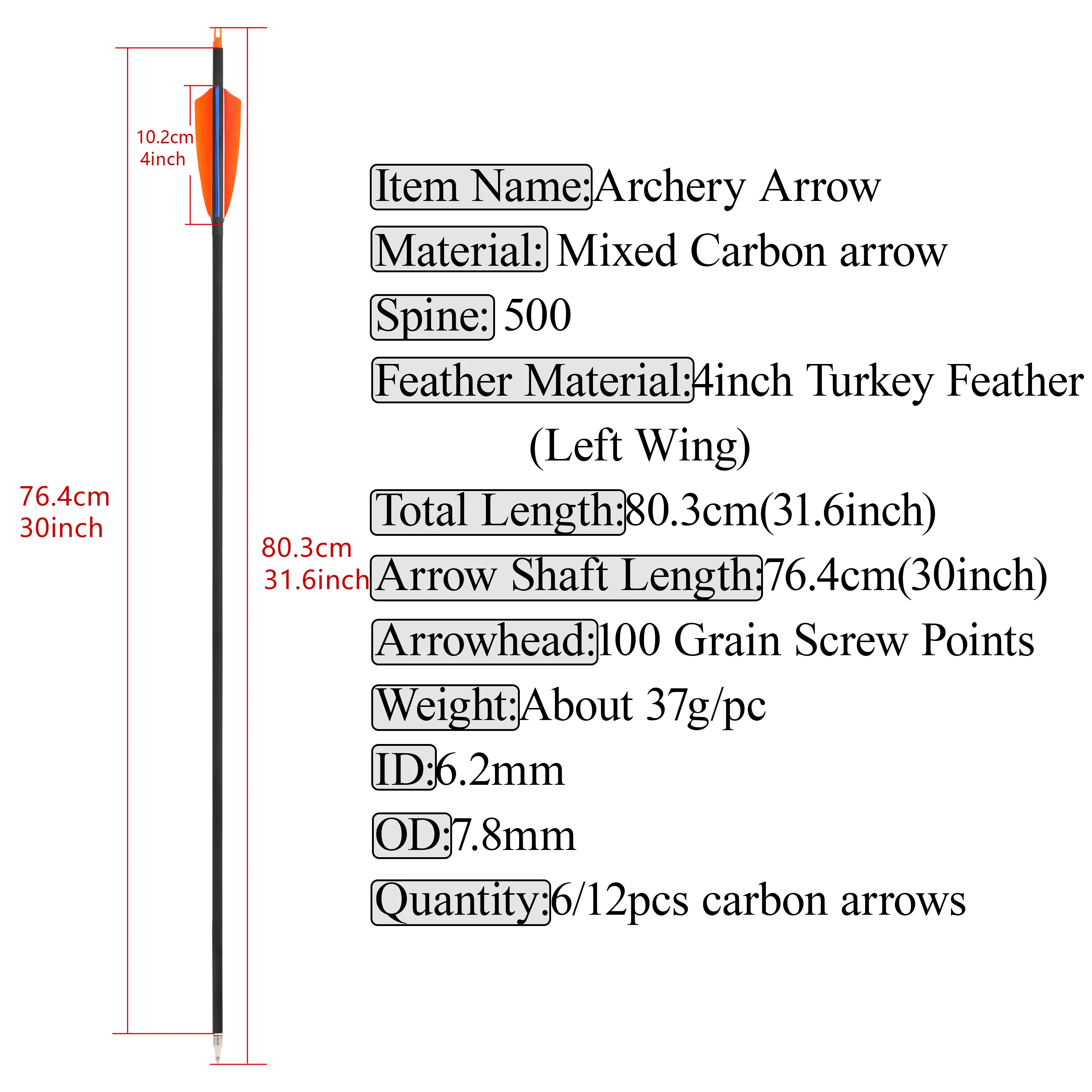 Spine500 Flecha de carbono para recurvo y compuesto, pluma pavo - imagen 2