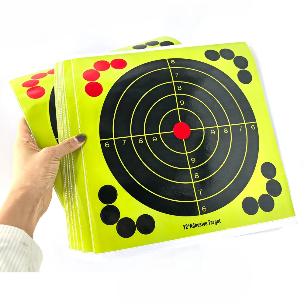 10 Uds. De objetivos autoadhesivos de 12 ", pegatinas adhesivas de papel para objetivos de tiro con efecto amarillo para práctica en interiores y exteriores