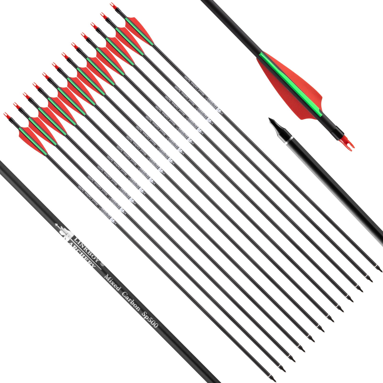 Flecha de carbono mixta para columna vertebral, 6/12/24 Uds., 500 de diámetro, 7,8mm, paletas de plástico de 3 pulgadas para arco recurvo compuesto, tiro con arco y caza