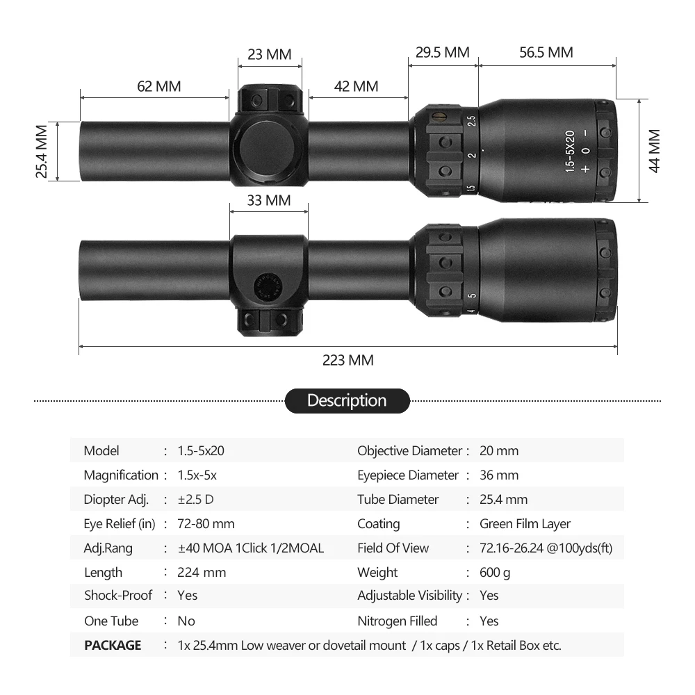 SPINA Optics-mira telescópica para Rifle de caza, mira óptica compacta para tiro al aire libre, con ajuste corto, BT 1,5-5X20 - imagen 4