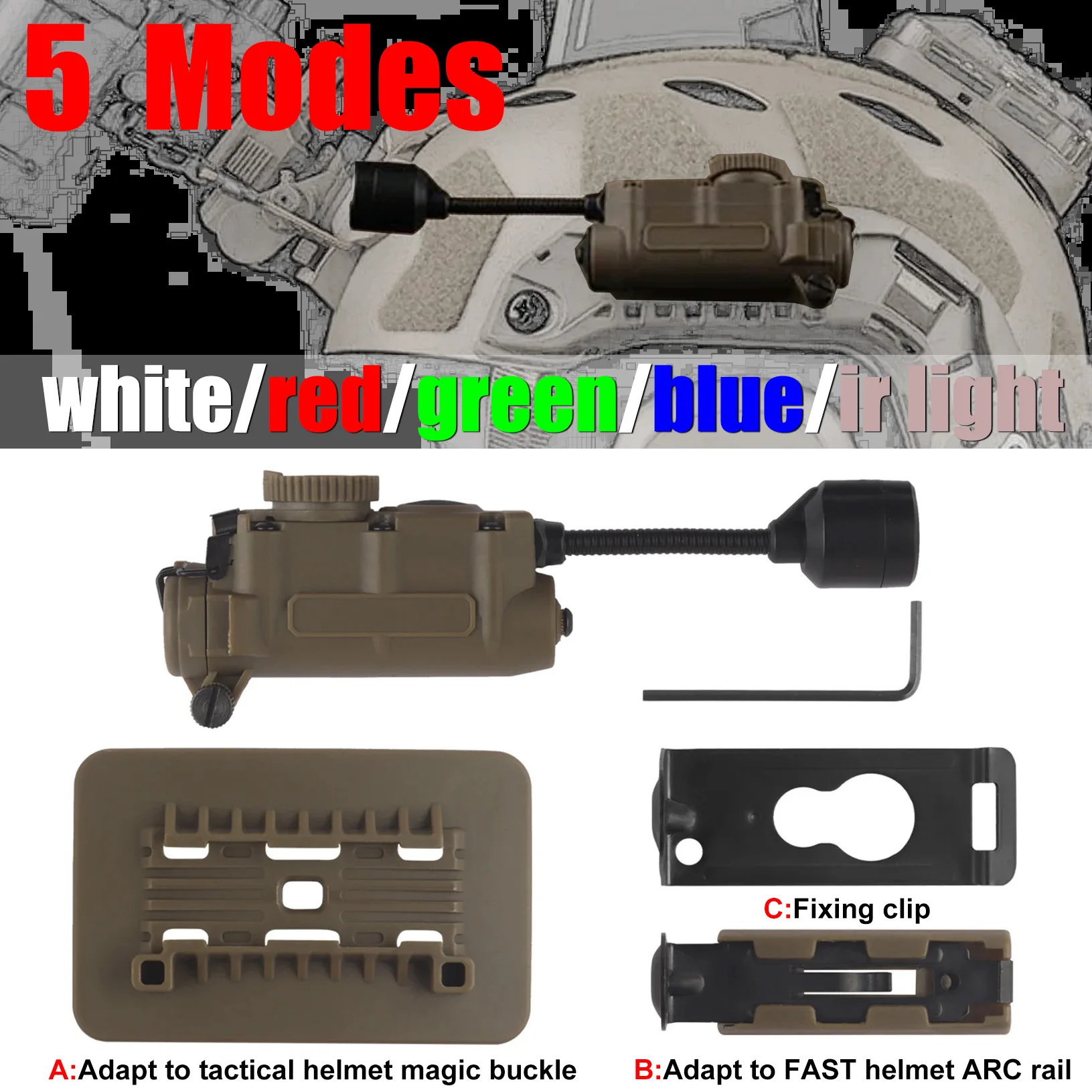 Luz estroboscópica para casco táctico, luz LED para casco de enrollador lateral, luz IR blanca, roja, verde y azul, linterna con Clip para casco con riel de arco