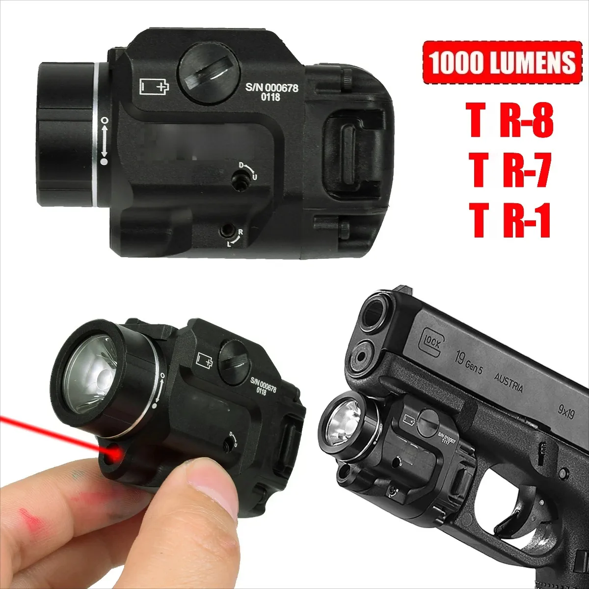 Luz exploradora táctica de 1000 lúmenes TR-8 TR-7 TR 7X TR-1 para Glock 17 19 1911 Taurus G2c G3C luz láser estroboscópica LED compatible con riel de 20mm