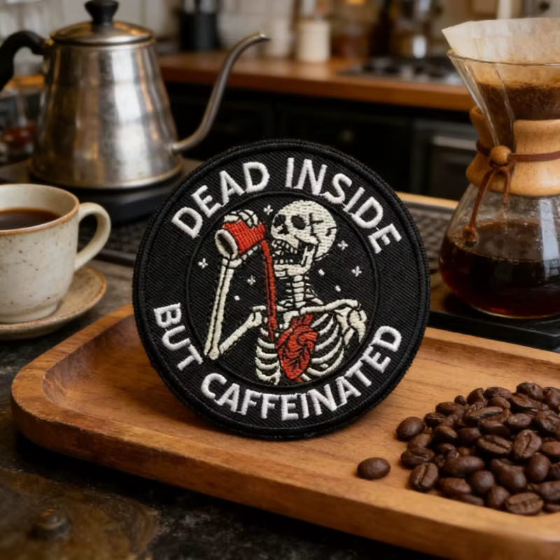 Parche táctico bordado esqueleto muerto por dentro con cafeína velcro - imagen 3