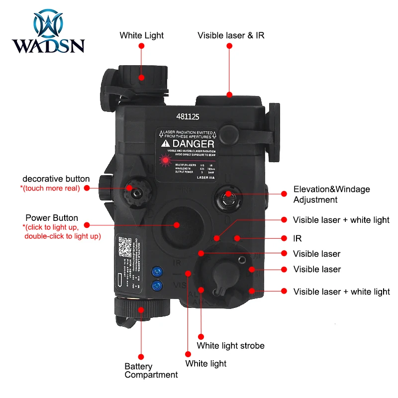 WADSN-LA-5B PEQ15, láser IR de punto rojo, verde, azul, linterna blanca, Airsoft, indicador táctico para riel de 20MM, PEQ-15 de caza al aire libre - imagen 2