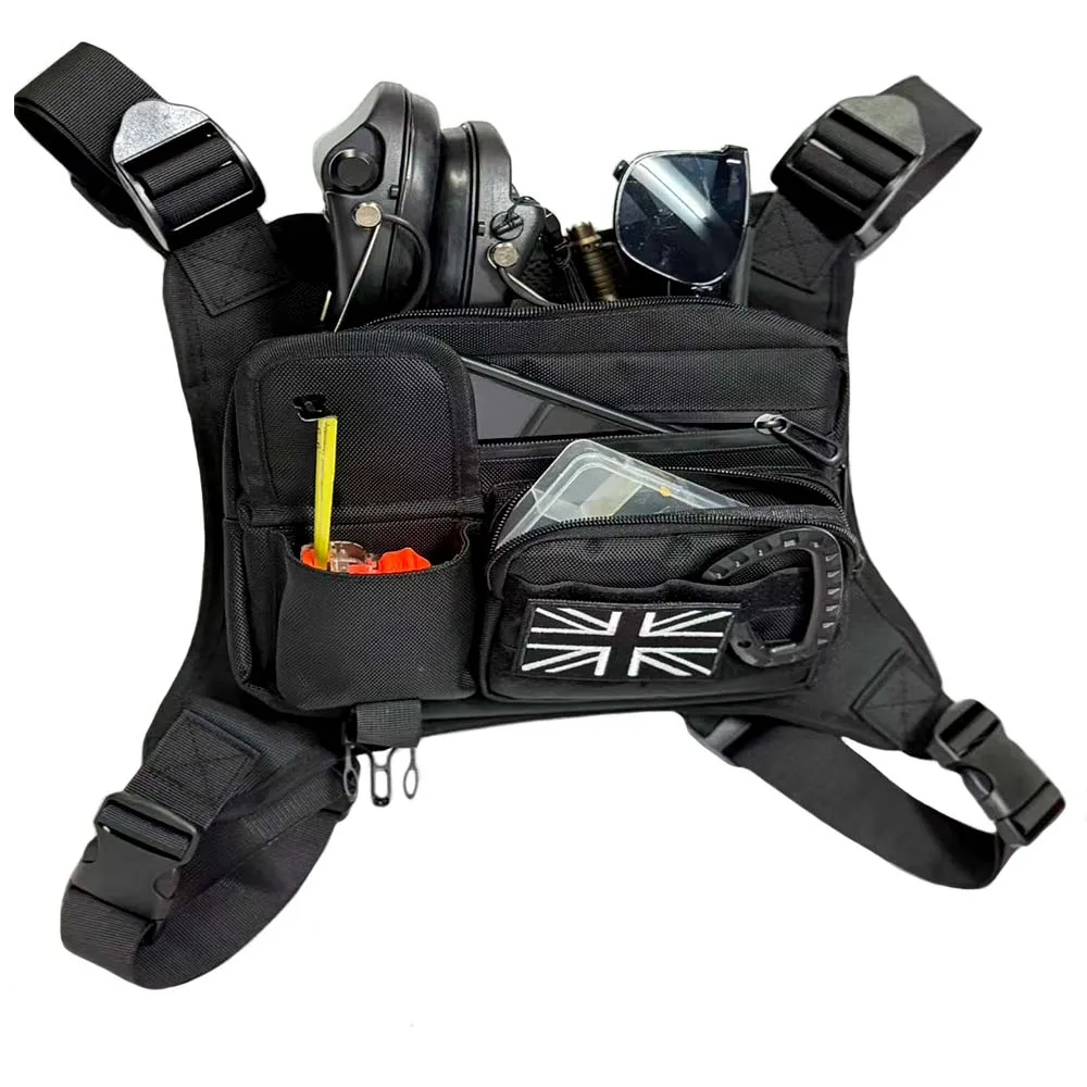 Chalecos para correr impermeables para hombres y mujeres, bolsas tácticas para el pecho, con parches de bandera británica y hebillas en forma de D - imagen 3