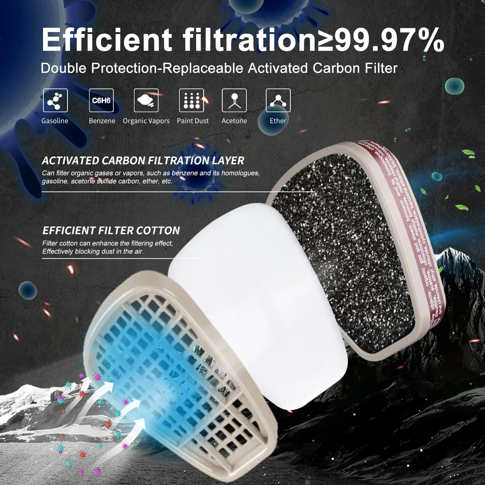 Cartuchos filtro carbón activado orgánico para respirador máscara antigás - imagen 3